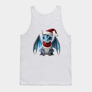 Cute Blue Baby Dragon Wearing a Red Festive Christmas Hat and Scarf Tank Top